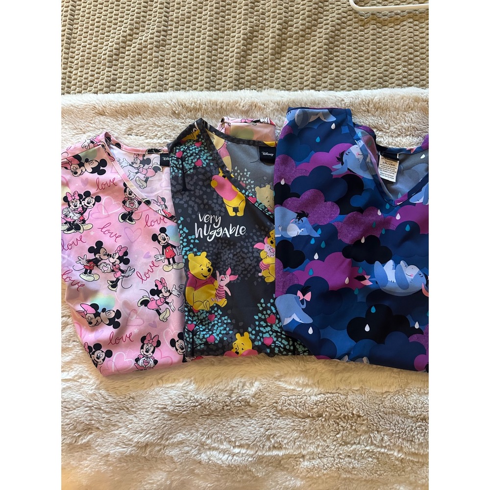 Disney Women Scrub Tops 2XL Bundle Eeyore Winnie the Pooh Mickey Minnie 3 Pack